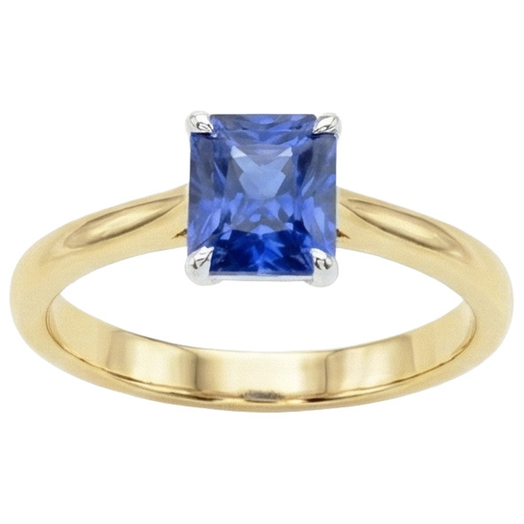 Bague saphir bleu solitaire à deux tons. tige conique 1.50 carats