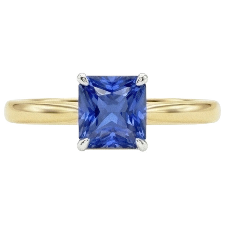 Bague saphir bleu solitaire à deux tons. tige conique 1.50 carats