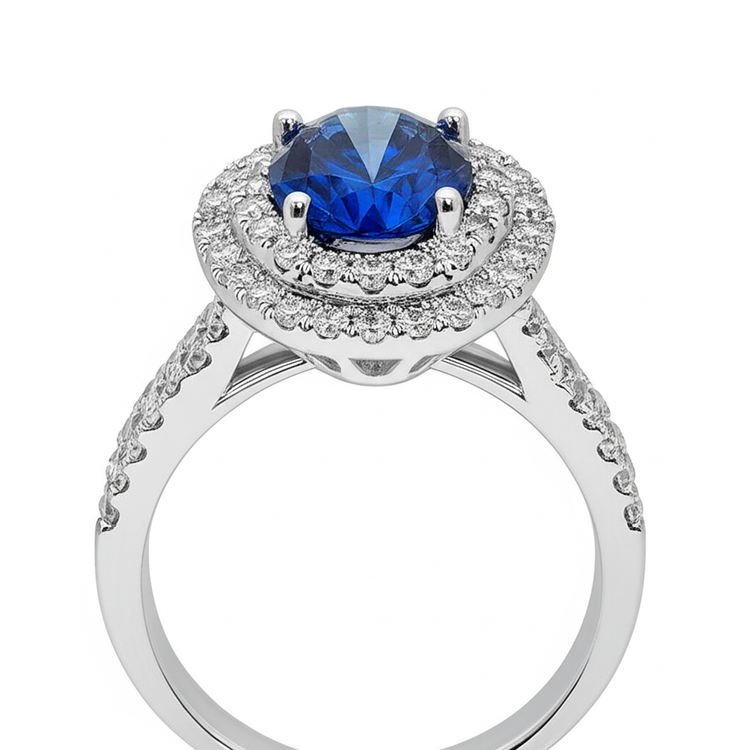 Bague saphir de Ceylan ovale de 3.40 ct avec diamants ronds en or blanc