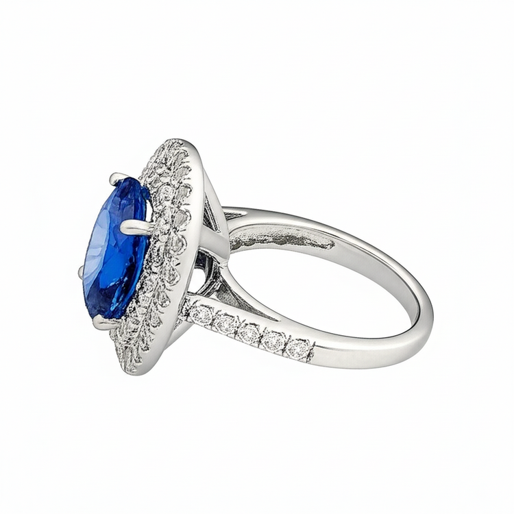 Bague saphir de Ceylan ovale de 3.40 ct avec diamants ronds en or blanc