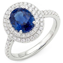 Bague saphir de Ceylan ovale de 3.40 ct avec diamants ronds en or blanc