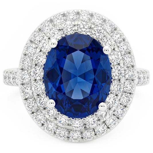 Bague saphir de Ceylan ovale de 3.40 ct avec diamants ronds en or blanc