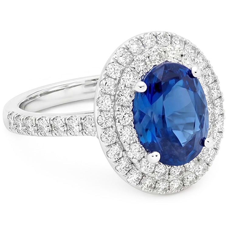 Bague saphir de Ceylan ovale de 3.40 ct avec diamants ronds en or blanc