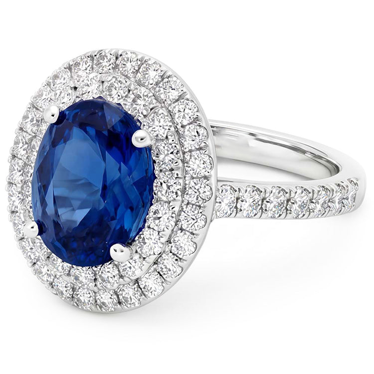 Bague saphir de Ceylan ovale de 3.40 ct avec diamants ronds en or blanc
