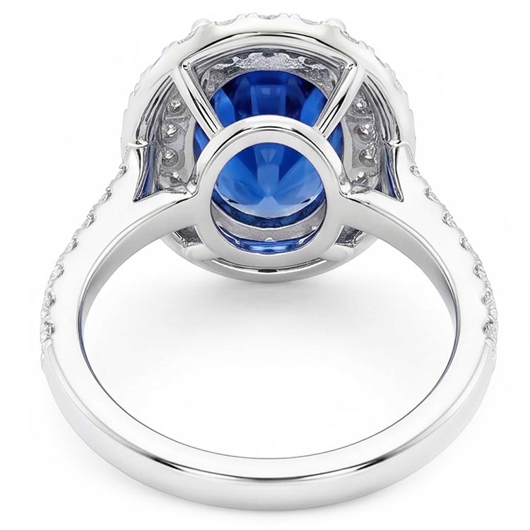 Bague saphir de Ceylan ovale de 3.40 ct avec diamants ronds en or blanc