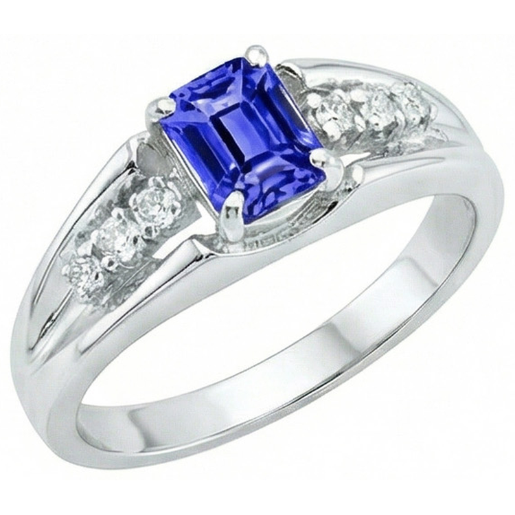 Bague saphir de Ceylan taille émeraude avec diamants ronds 1.30 ct