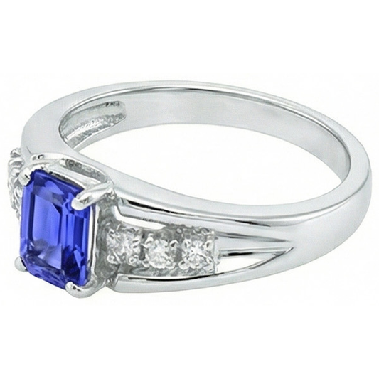 Bague saphir de Ceylan taille émeraude avec diamants ronds 1.30 ct