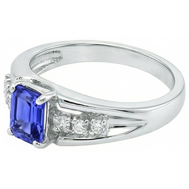 Bague saphir de Ceylan taille émeraude avec diamants ronds 1.30 ct