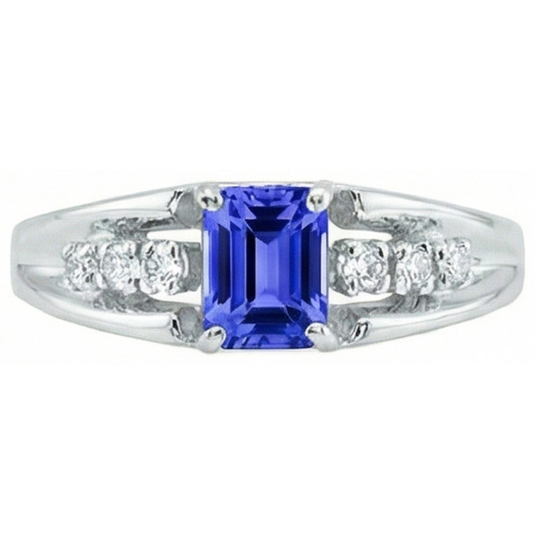 Bague saphir de Ceylan taille émeraude avec diamants ronds 1.30 ct