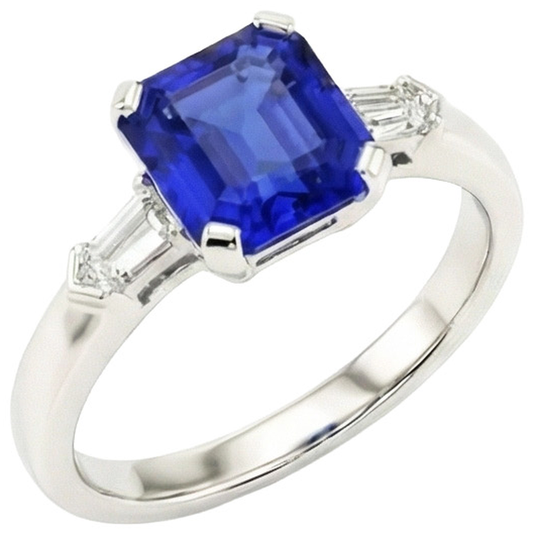 Bague saphir diamant 3 pierres émeraude 1.75 carats Baguettes coniques