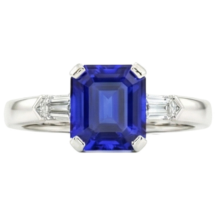 Bague saphir diamant 3 pierres émeraude 1.75 carats Baguettes coniques