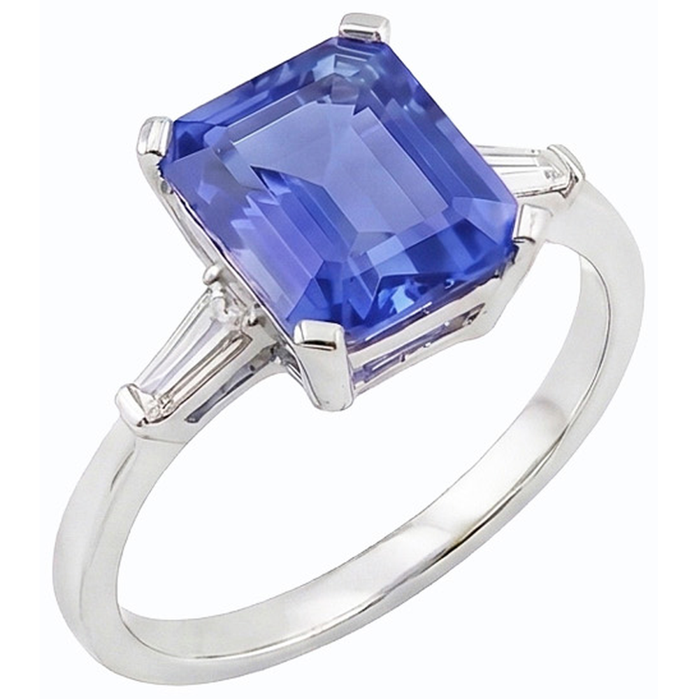 Bague saphir émeraude 3 pierres et diamants baguette coniques 2.25 carats