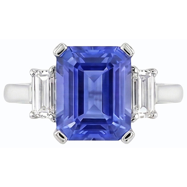 Bague saphir émeraude 3 pierres et diamants baguette coniques 2.25 carats