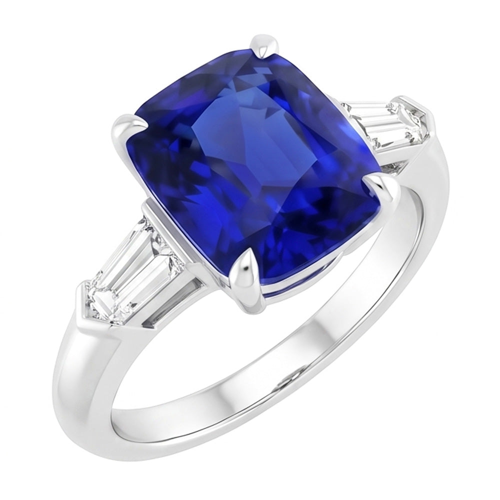 Bague saphir émeraude à trois pierres. diamant baguette conique de 3.50 carats