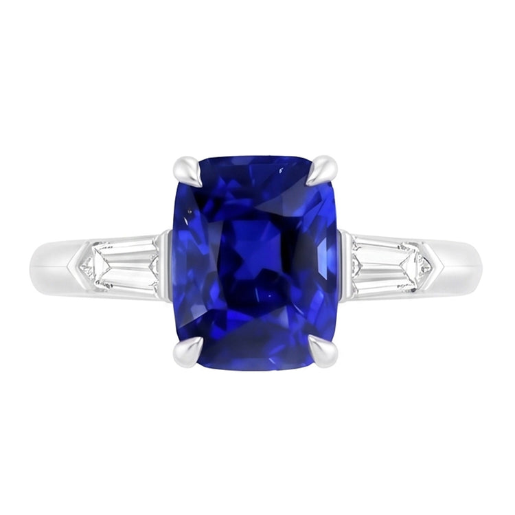Bague saphir émeraude à trois pierres. diamant baguette conique de 3.50 carats