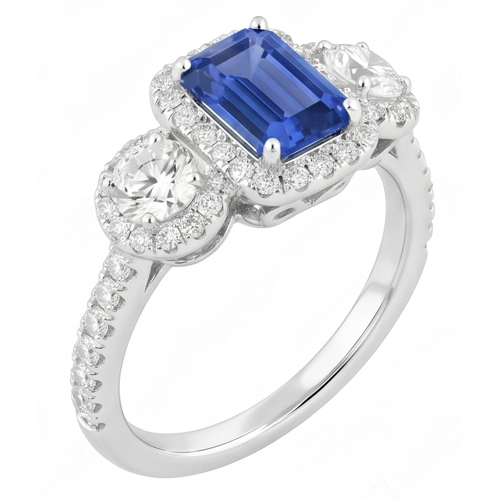 Bague saphir émeraude halo 4.50 carats diamant rond bijoux en or