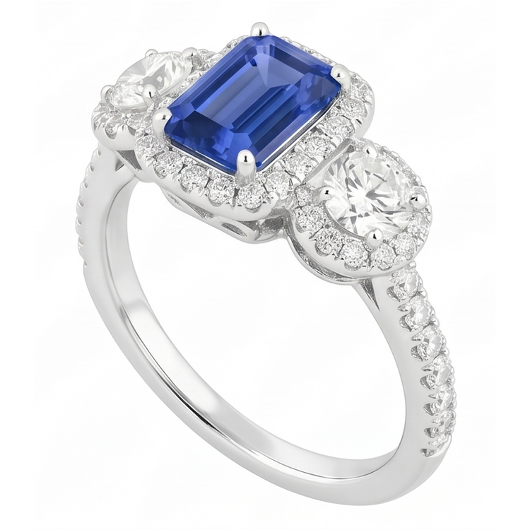 Bague saphir émeraude halo 4.50 carats diamant rond bijoux en or