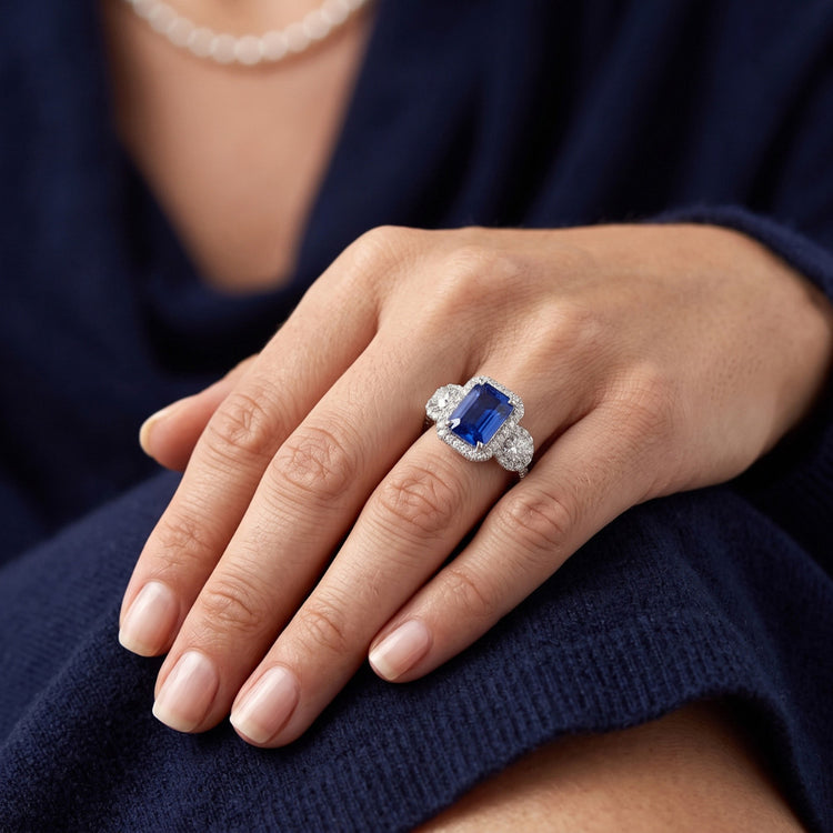 Bague saphir émeraude halo 4.50 carats diamant rond bijoux en or