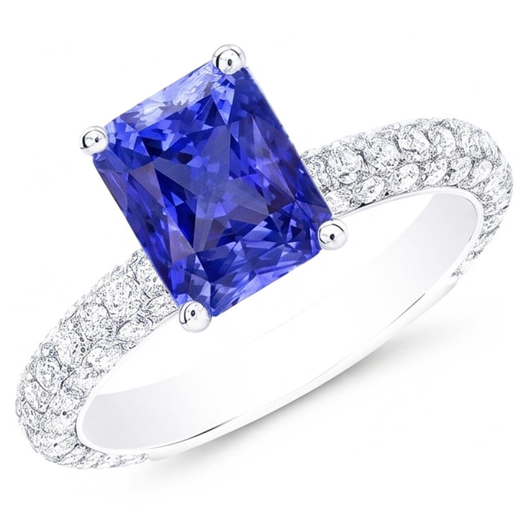 Bague saphir pour femme taille radiante 3.50 carats pavé de diamants multi-rangs