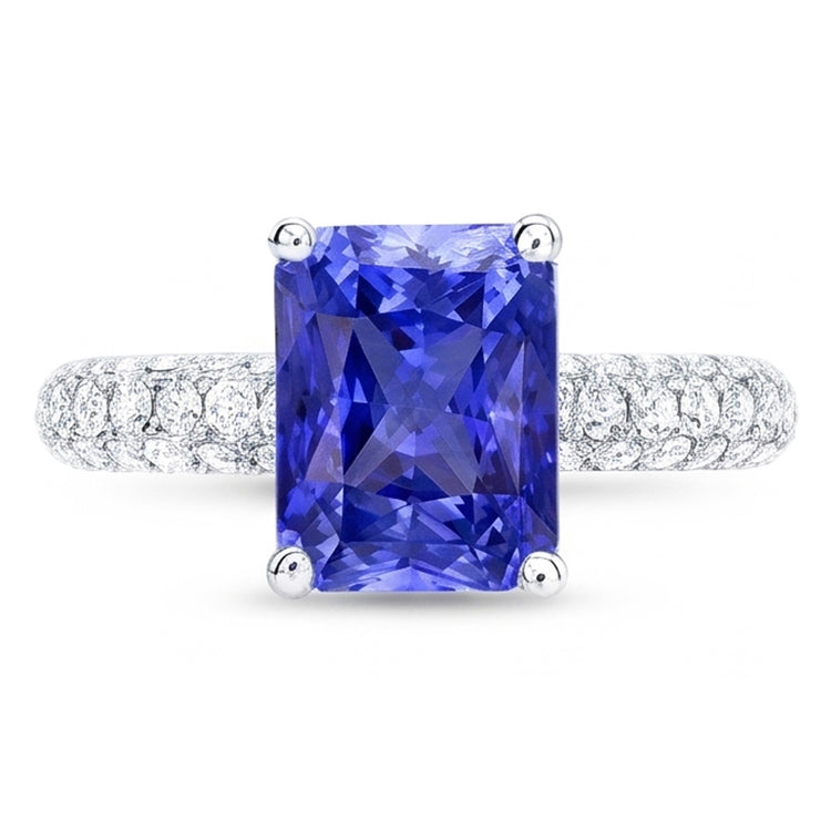 Bague saphir pour femme taille radiante 3.50 carats pavé de diamants multi-rangs