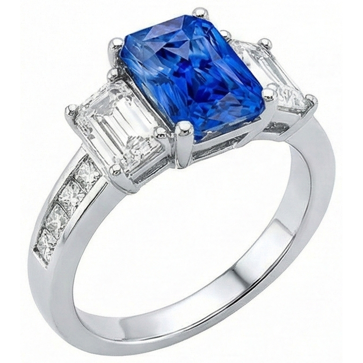 Bague saphir radiant diamant princesse et émeraude 4 carats serti de chaîne