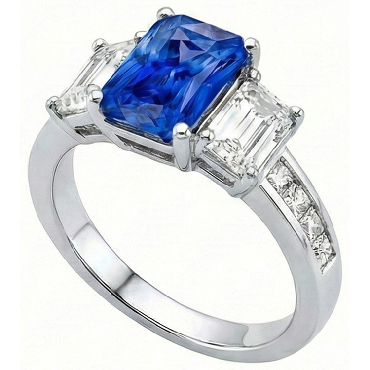 Bague saphir radiant diamant princesse et émeraude 4 carats serti de chaîne