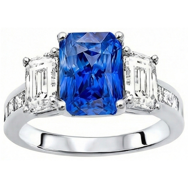 Bague saphir radiant diamant princesse et émeraude 4 carats serti de chaîne