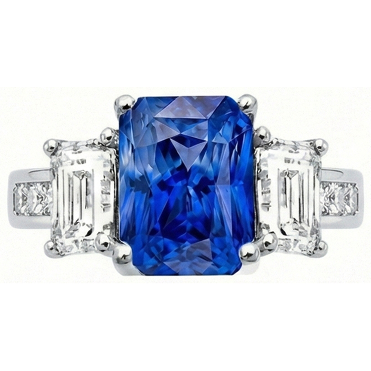 Bague saphir radiant diamant princesse et émeraude 4 carats serti de chaîne
