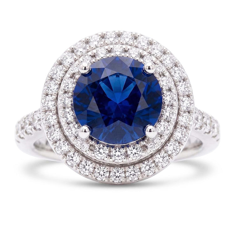 Bague saphir ronde double halo 3 carats sertie de bijoux en diamant