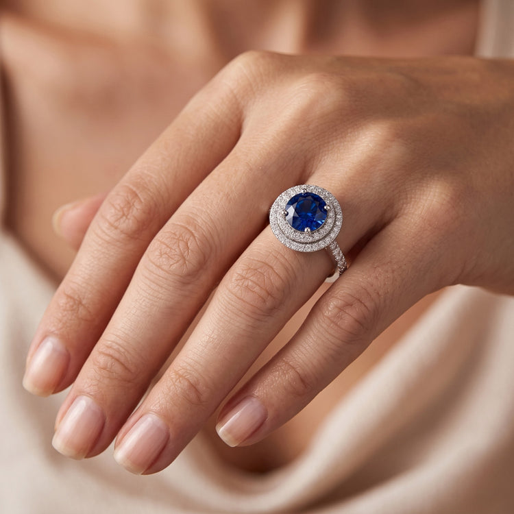 Bague saphir ronde double halo 3 carats sertie de bijoux en diamant