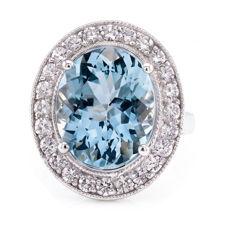 Bague sertie de griffes 11 carats aigue-marine ronde et diamants or blanc 14K