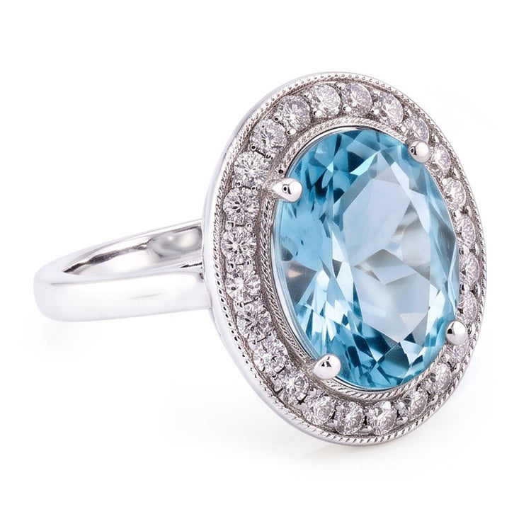 Bague sertie de griffes 11 carats aigue-marine ronde et diamants or blanc 14K
