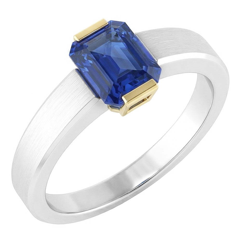 Bague solitaire bicolore 1 carat saphir bleu taille émeraude bijoux en or