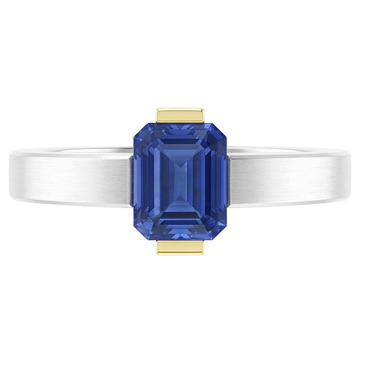 Bague solitaire bicolore 1 carat saphir bleu taille émeraude bijoux en or