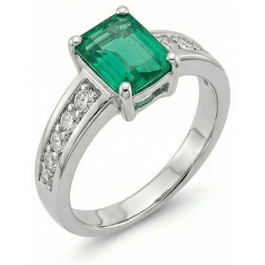 Bague solitaire en émeraude verte et diamant de 3.75 ct avec accents