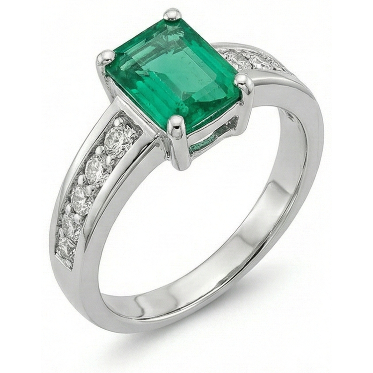 Bague solitaire en émeraude verte et diamant de 3.75 ct avec accents