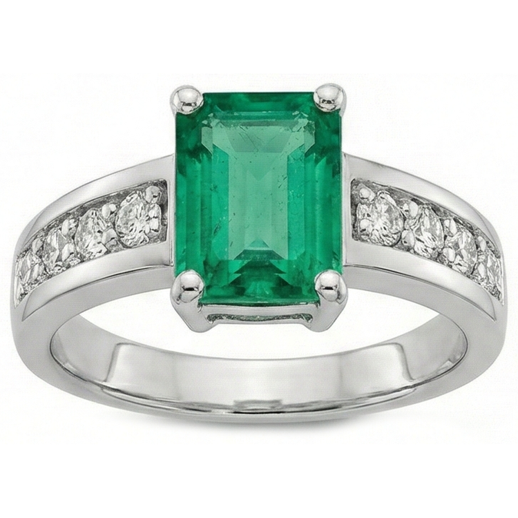 Bague solitaire en émeraude verte et diamant de 3.75 ct avec accents