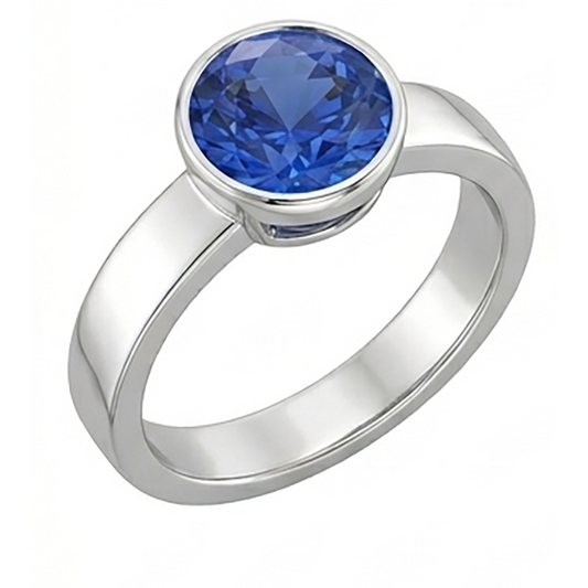 Bague solitaire homme sertie lunette ronde saphir bleu 2 carats tige épaisse