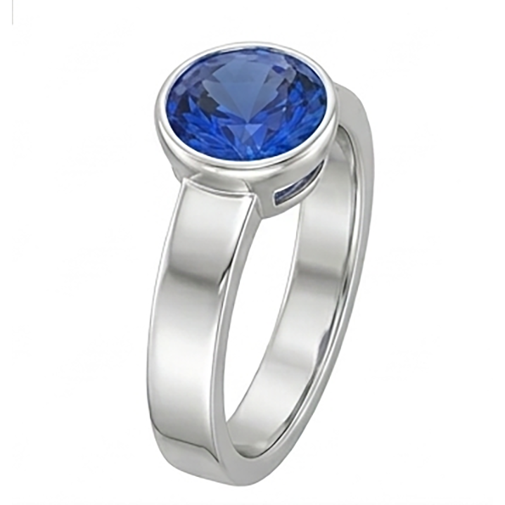 Bague solitaire homme sertie lunette ronde saphir bleu 2 carats tige épaisse