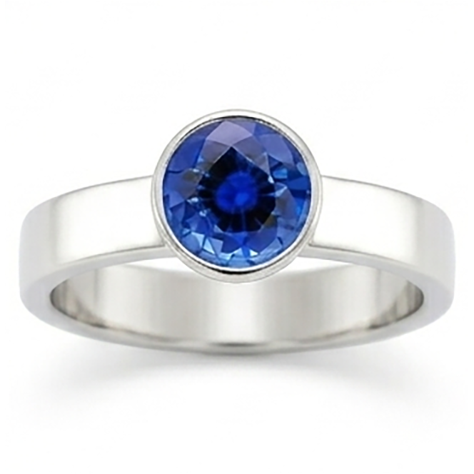 Bague solitaire homme sertie lunette ronde saphir bleu 2 carats tige épaisse