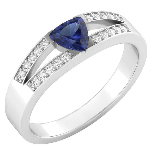Bague taille trillion avec saphir bleu et diamants à tige fendue 1 carat