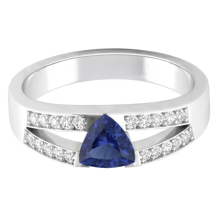 Bague taille trillion avec saphir bleu et diamants à tige fendue 1 carat