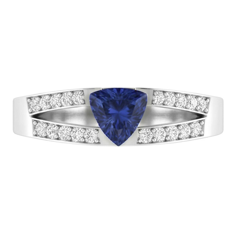 Bague taille trillion avec saphir bleu et diamants à tige fendue 1 carat