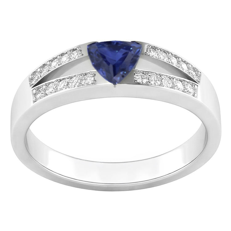Bague taille trillion avec saphir bleu et diamants à tige fendue 1 carat