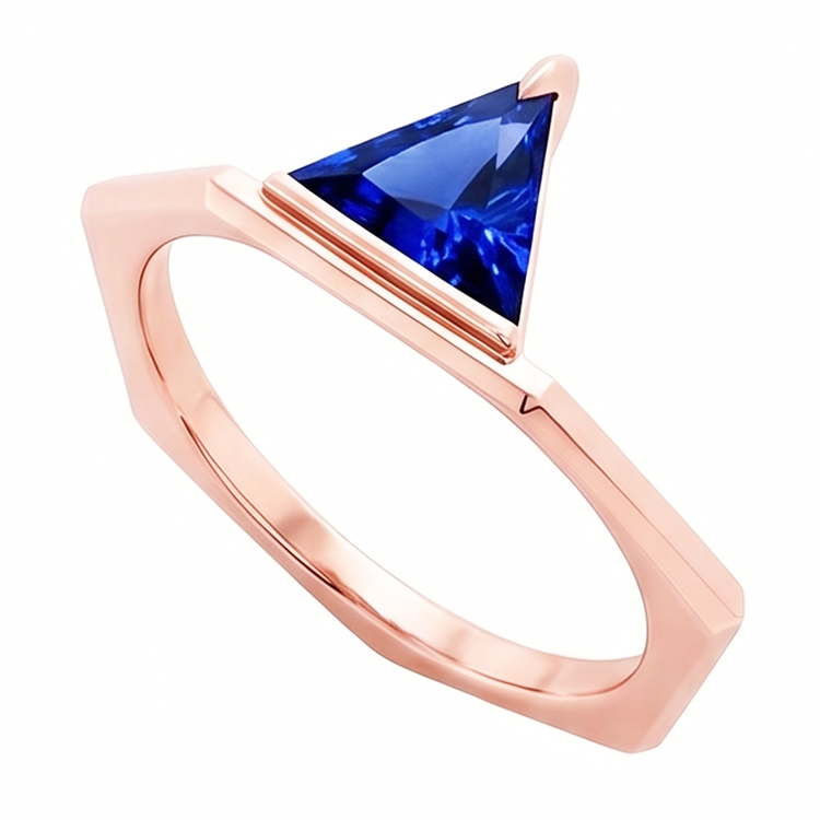 Bague trillion de pierres précieuses saphir bleu 14K or rose 1 carat bijoux