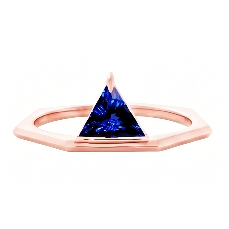 Bague trillion de pierres précieuses saphir bleu 14K or rose 1 carat bijoux
