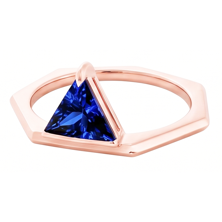 Bague trillion de pierres précieuses saphir bleu 14K or rose 1 carat bijoux