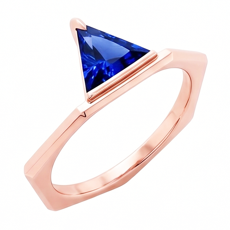 Bague trillion de pierres précieuses saphir bleu 14K or rose 1 carat bijoux