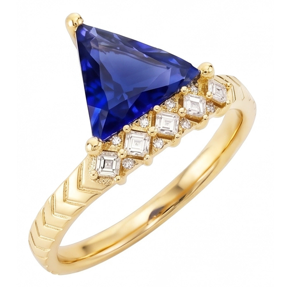 Bague trillion de pierres précieuses saphir et diamants princesse 1.75 carats