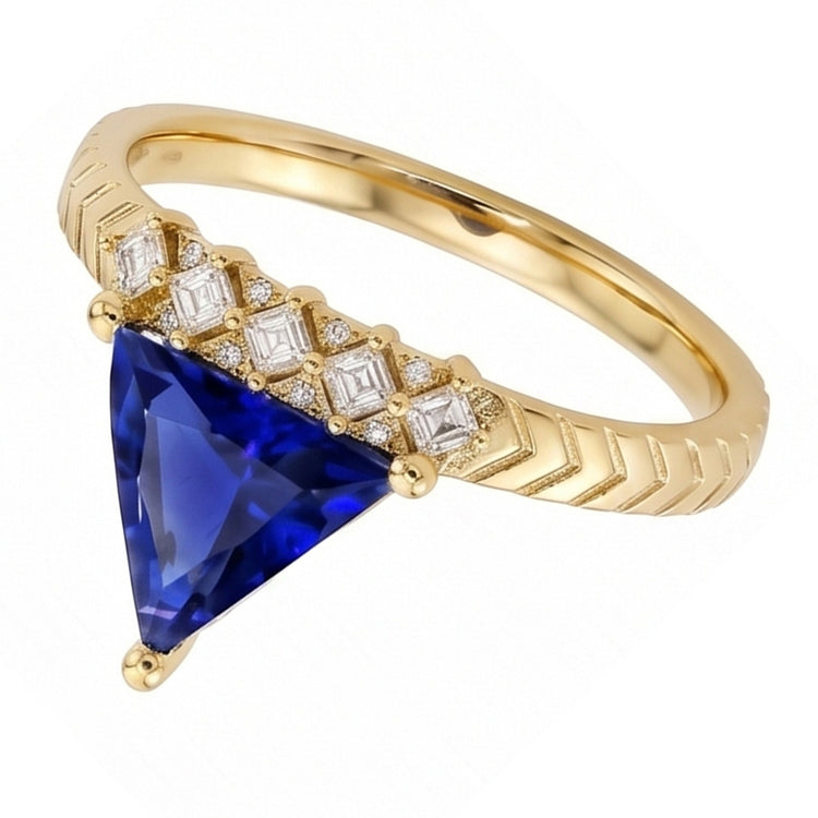 Bague trillion de pierres précieuses saphir et diamants princesse 1.75 carats